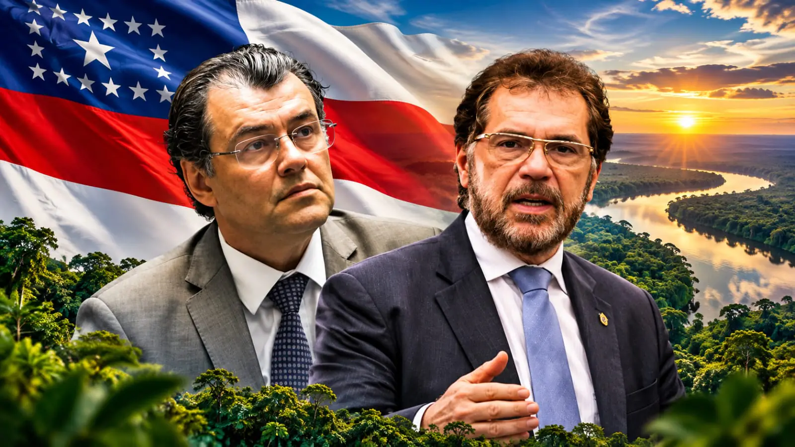 Senadores Eduardo Braga e Plínio Valério com a bandeira do Amazonas e a floresta ao fundo